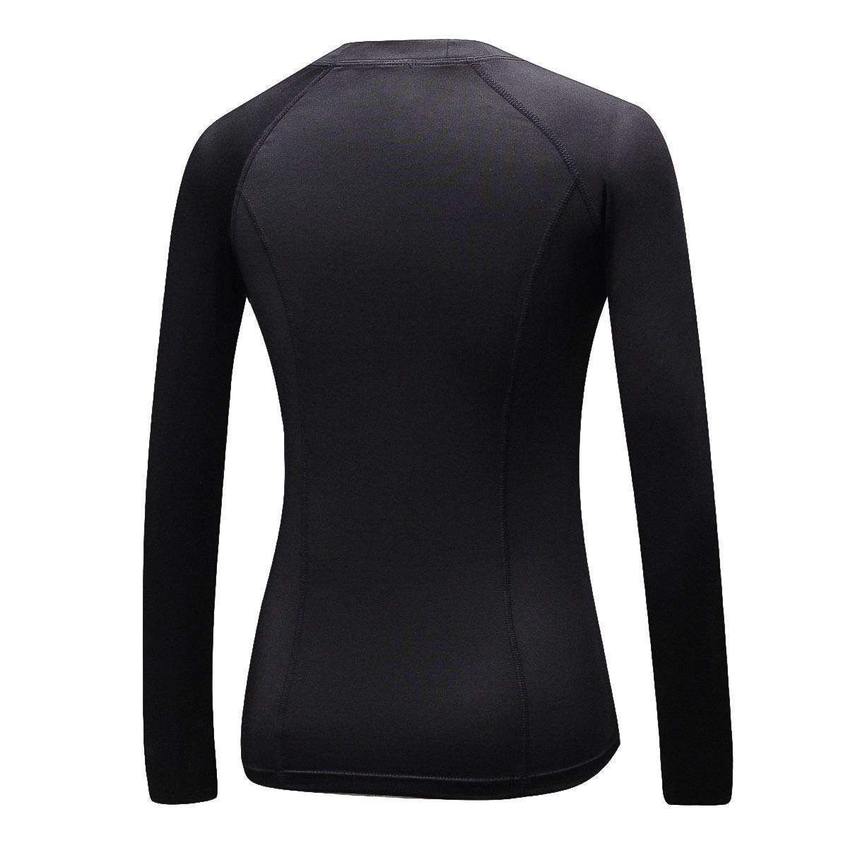 Back view of black women's running top with thumb holes, crafted in breathable polyester-spandex for warmth and comfort.